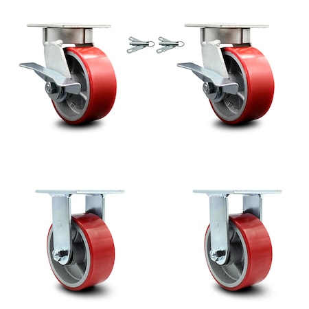 Service Caster 5 Inch Kingpinless Red Poly on Steel Wheel Caster Swivel Locks 2 Rigid, 2PK SCC-KP30S520-PUR-RS-BSL-2-R-2